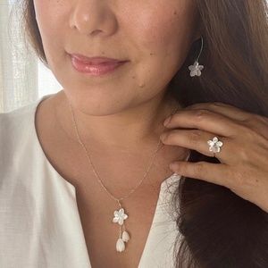Hawaiian White Plumeria Pikake Mother of Pearl dangle Necklace Silver or Gold